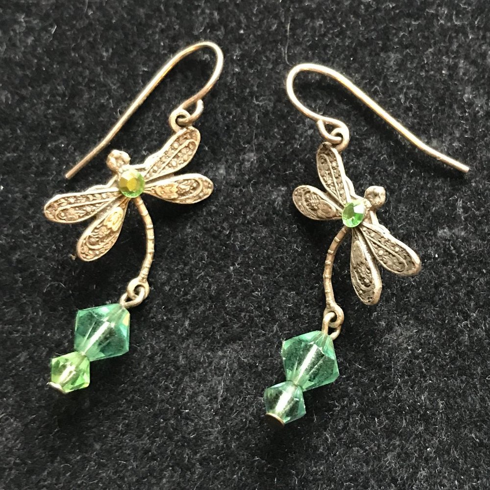 Silver dragonfly earrings, with green stone and Swarovski beads